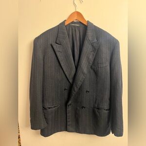 LUBIAM Italy Vintage Double Breasted Blazer Peak Lapel Navy Pinstripe LARGE